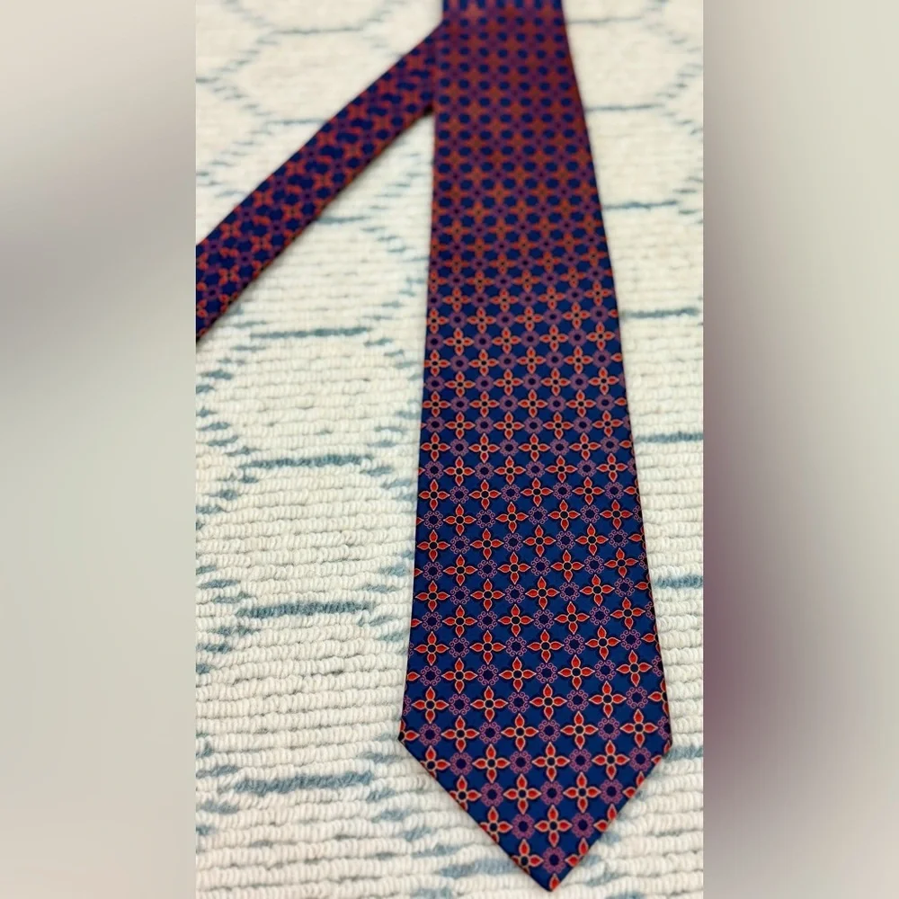 LANVIN Paris Men’s Silk Necktie Navy BlueRed Geometric Floral Pattern France